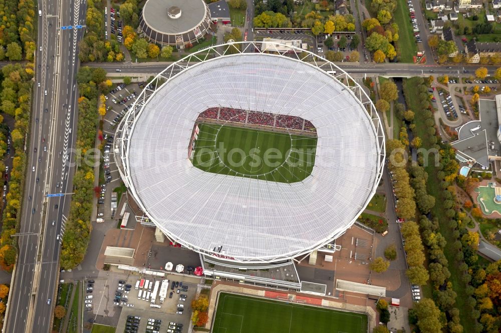 Leverkusen from the bird's eye view: Construction sites Sports facility grounds of the Arena stadium BayArena of Fussballvereins Bayer 04 Leverkusen in the district Wiesdorf in Leverkusen in the state North Rhine-Westphalia, Germany