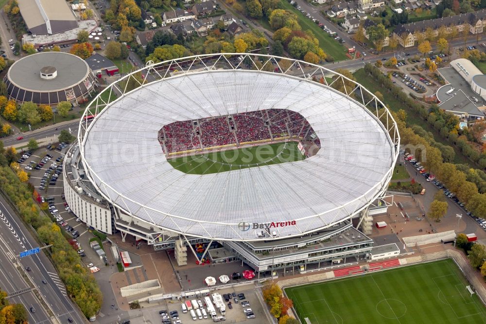 Aerial image Leverkusen - Construction sites Sports facility grounds of the Arena stadium BayArena of Fussballvereins Bayer 04 Leverkusen in the district Wiesdorf in Leverkusen in the state North Rhine-Westphalia, Germany