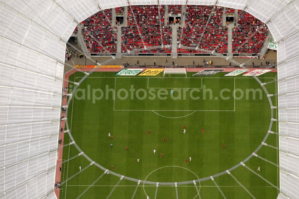 Leverkusen from above - Construction sites Sports facility grounds of the Arena stadium BayArena of Fussballvereins Bayer 04 Leverkusen in the district Wiesdorf in Leverkusen in the state North Rhine-Westphalia, Germany