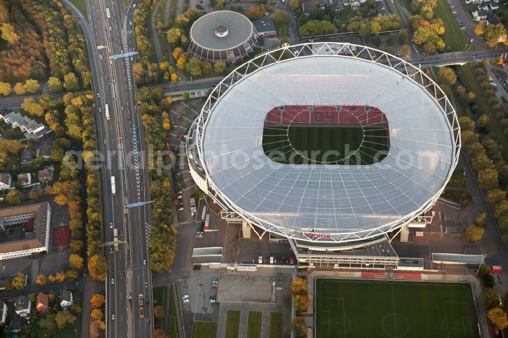 Leverkusen from the bird's eye view: Construction sites Sports facility grounds of the Arena stadium BayArena of Fussballvereins Bayer 04 Leverkusen in the district Wiesdorf in Leverkusen in the state North Rhine-Westphalia, Germany