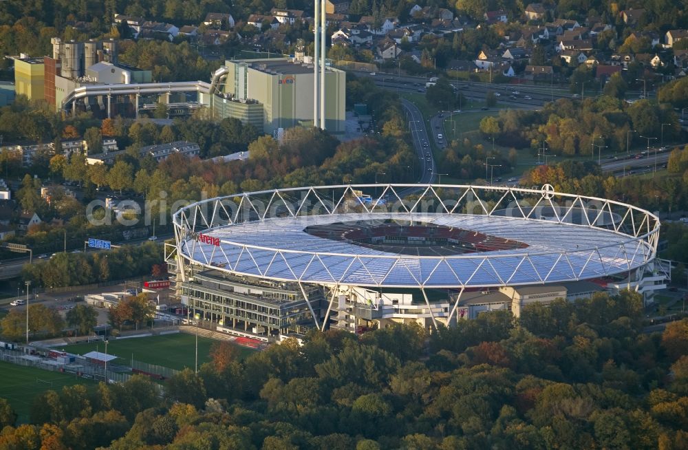 Leverkusen from the bird's eye view: Construction sites Sports facility grounds of the Arena stadium BayArena of Fussballvereins Bayer 04 Leverkusen in the district Wiesdorf in Leverkusen in the state North Rhine-Westphalia, Germany