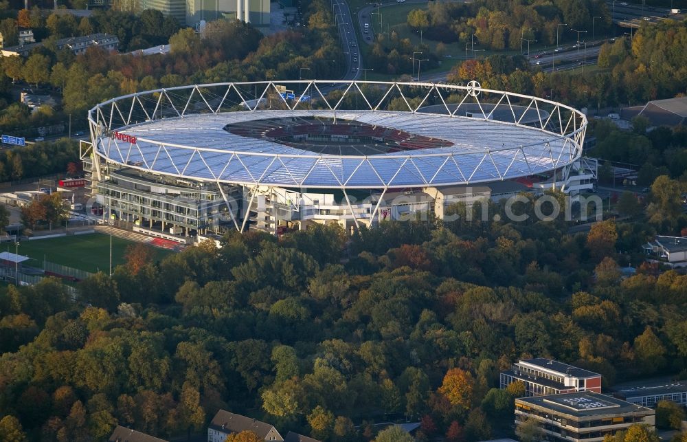 Aerial image Leverkusen - Construction sites Sports facility grounds of the Arena stadium BayArena of Fussballvereins Bayer 04 Leverkusen in the district Wiesdorf in Leverkusen in the state North Rhine-Westphalia, Germany