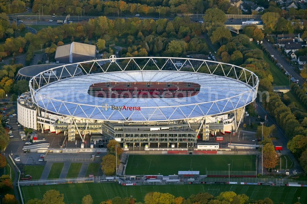 Leverkusen from above - Construction sites Sports facility grounds of the Arena stadium BayArena of Fussballvereins Bayer 04 Leverkusen in the district Wiesdorf in Leverkusen in the state North Rhine-Westphalia, Germany