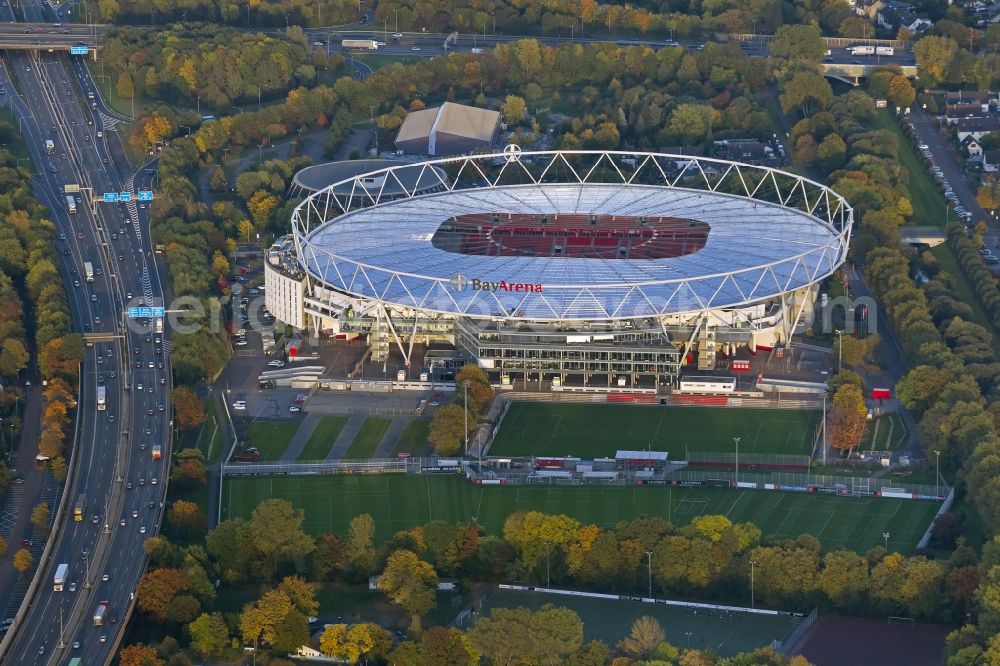 Leverkusen from the bird's eye view: Construction sites Sports facility grounds of the Arena stadium BayArena of Fussballvereins Bayer 04 Leverkusen in the district Wiesdorf in Leverkusen in the state North Rhine-Westphalia, Germany