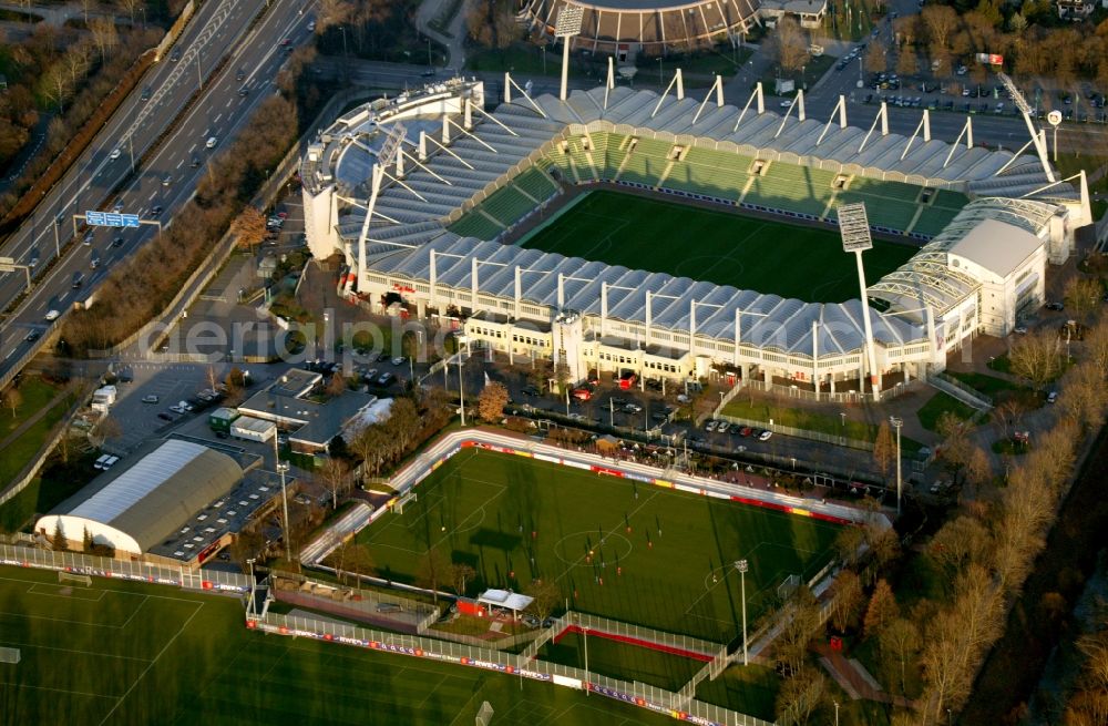 Leverkusen from the bird's eye view: Sports facility grounds of the Arena stadium BayArena of Fussballvereins Bayer 04 Leverkusen in the district Wiesdorf in Leverkusen in the state North Rhine-Westphalia, Germany