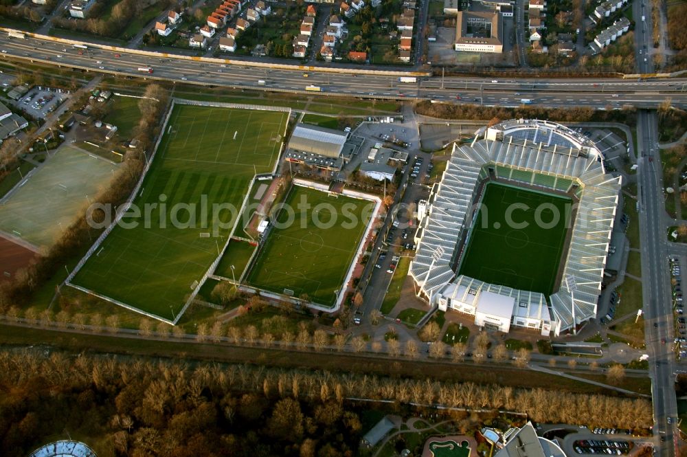 Aerial image Leverkusen - Sports facility grounds of the Arena stadium BayArena of Fussballvereins Bayer 04 Leverkusen in the district Wiesdorf in Leverkusen in the state North Rhine-Westphalia, Germany