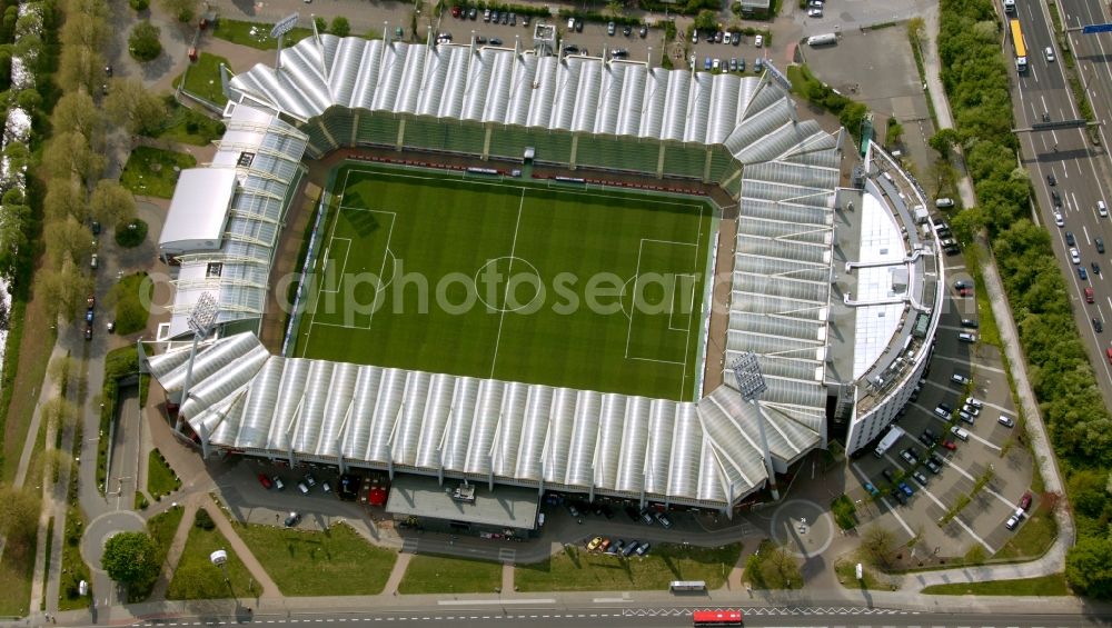 Aerial photograph Leverkusen - Sports facility grounds of the Arena stadium BayArena of Fussballvereins Bayer 04 Leverkusen in the district Wiesdorf in Leverkusen in the state North Rhine-Westphalia, Germany