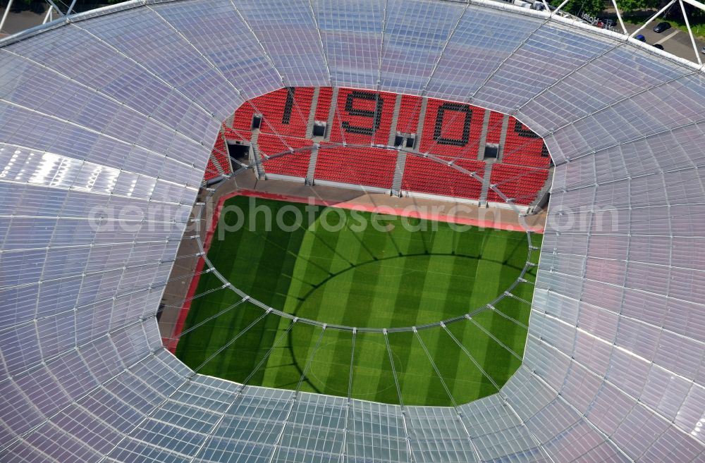 Leverkusen from the bird's eye view: Construction sites Sports facility grounds of the Arena stadium BayArena of Fussballvereins Bayer 04 Leverkusen in the district Wiesdorf in Leverkusen in the state North Rhine-Westphalia, Germany