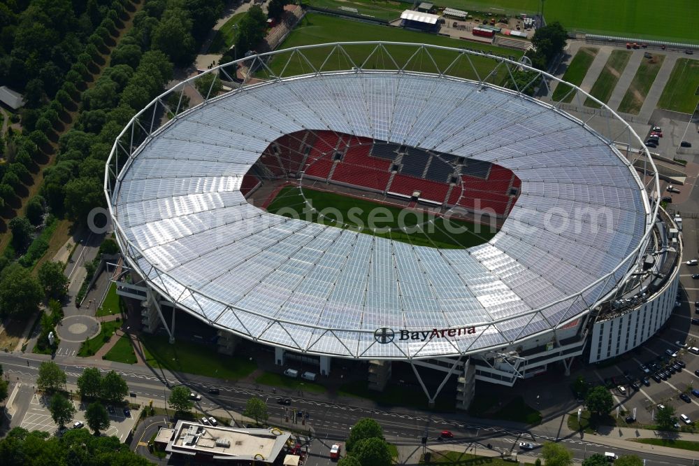 Aerial photograph Leverkusen - Construction sites Sports facility grounds of the Arena stadium BayArena of Fussballvereins Bayer 04 Leverkusen in the district Wiesdorf in Leverkusen in the state North Rhine-Westphalia, Germany