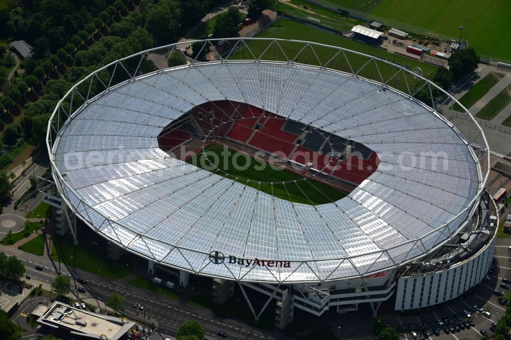 Leverkusen from above - Construction sites Sports facility grounds of the Arena stadium BayArena of Fussballvereins Bayer 04 Leverkusen in the district Wiesdorf in Leverkusen in the state North Rhine-Westphalia, Germany