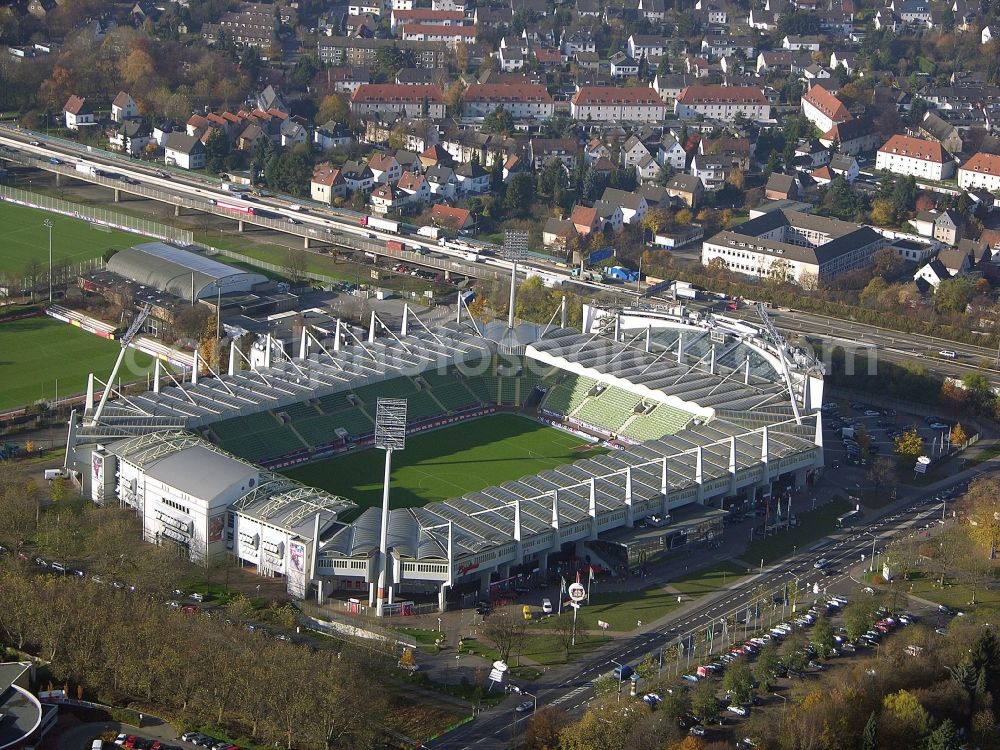 Aerial image Leverkusen - Sports facility grounds of the Arena stadium BayArena of Fussballvereins Bayer 04 Leverkusen in the district Wiesdorf in Leverkusen in the state North Rhine-Westphalia, Germany