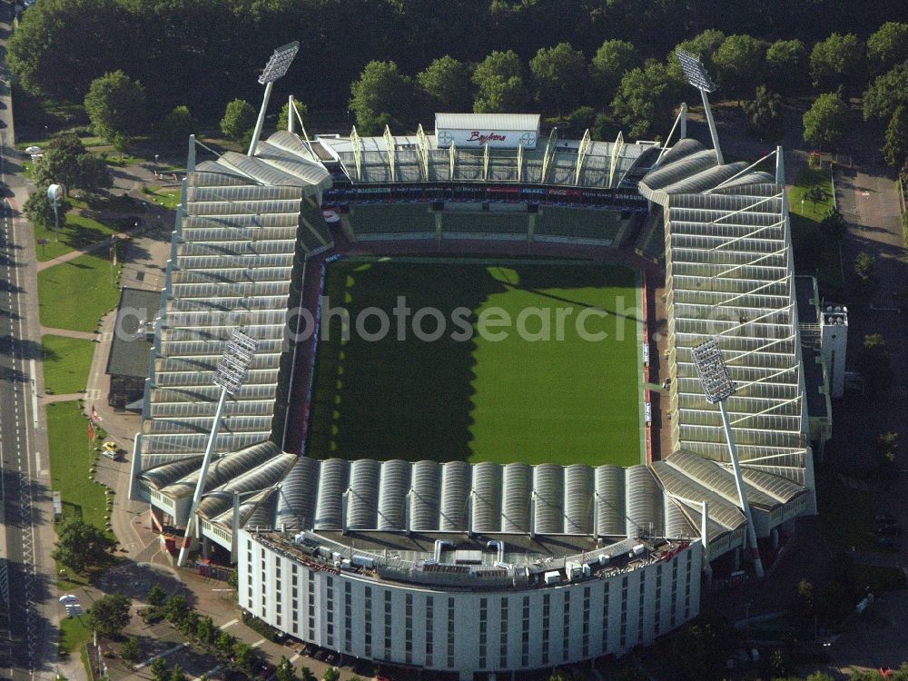 Leverkusen from above - Sports facility grounds of the Arena stadium BayArena of Fussballvereins Bayer 04 Leverkusen in the district Wiesdorf in Leverkusen in the state North Rhine-Westphalia, Germany