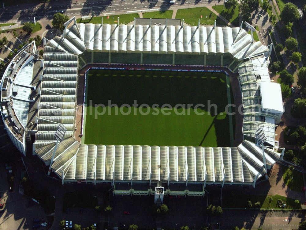 Aerial image Leverkusen - Sports facility grounds of the Arena stadium BayArena of Fussballvereins Bayer 04 Leverkusen in the district Wiesdorf in Leverkusen in the state North Rhine-Westphalia, Germany