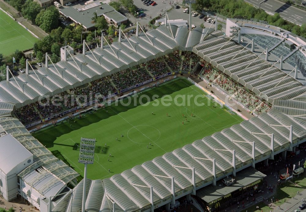 Aerial image Leverkusen - Sports facility grounds of the Arena stadium BayArena of Fussballvereins Bayer 04 Leverkusen in the district Wiesdorf in Leverkusen in the state North Rhine-Westphalia, Germany