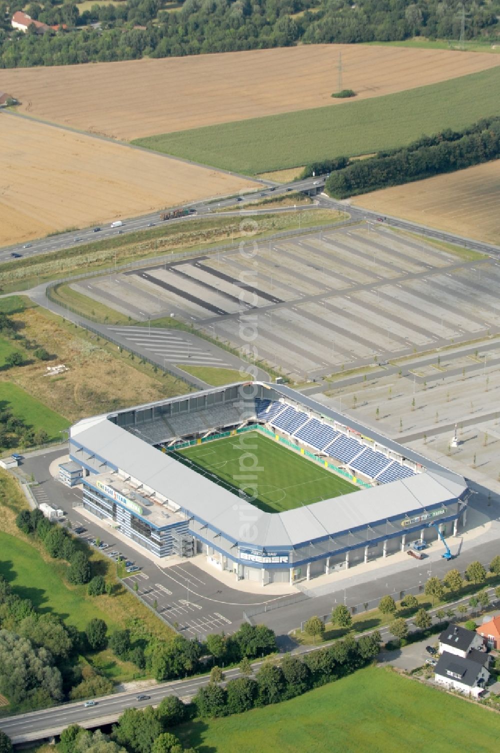 Paderborn from above - Sports facility grounds of the Arena stadium Benteler - Arena an der Paofborner Strasse of in Paderborn in the state North Rhine-Westphalia, Germany