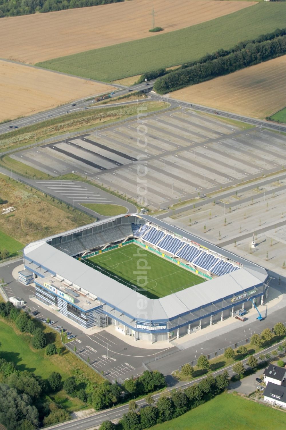 Aerial image Paderborn - Sports facility grounds of the Arena stadium Benteler - Arena an der Paofborner Strasse of in Paderborn in the state North Rhine-Westphalia, Germany