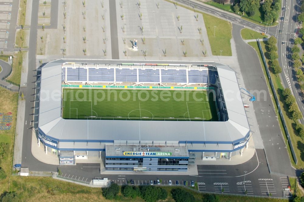 Paderborn from above - Sports facility grounds of the Arena stadium Benteler - Arena an der Paofborner Strasse of in Paderborn in the state North Rhine-Westphalia, Germany