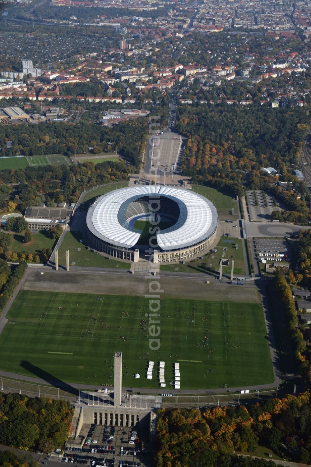 Berlin from above - Sports facility grounds of the Arena stadium Olympiastadion in Berlin in Germany