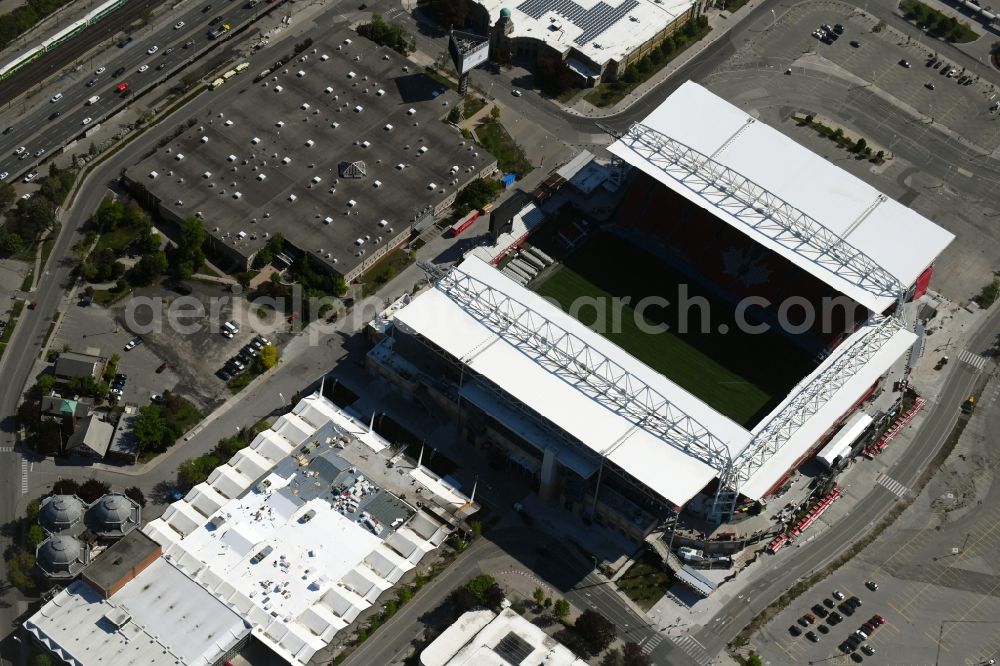 Toronto from the bird's eye view: Sports facility grounds of the Arena stadium BMO Field on Princes' Blvd in the district Old Toronto in Toronto in Ontario, Canada