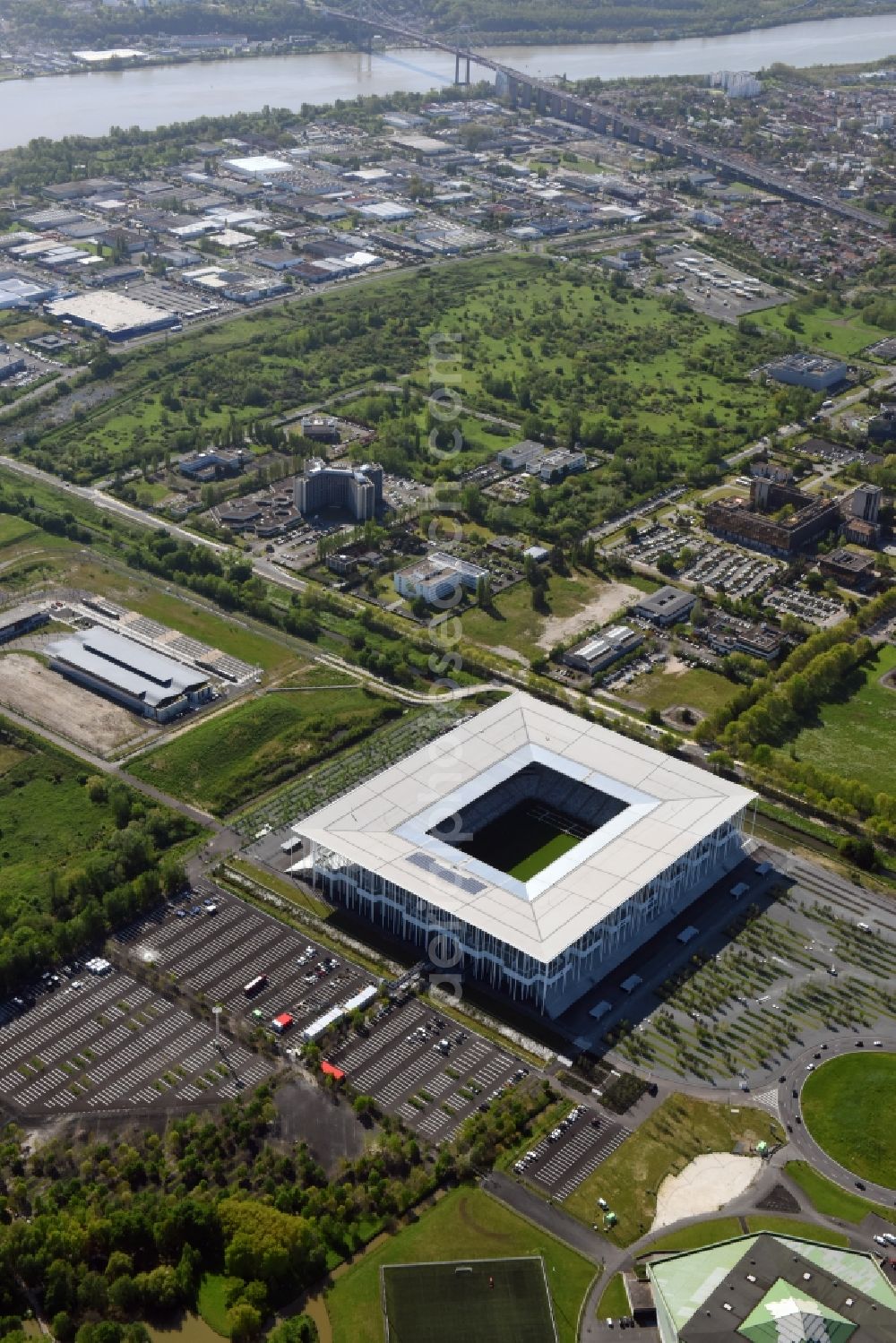 Bordeaux from the bird's eye view: Sports facility grounds of the Arena stadium Stade Matmut Atlantique an der Cours Jules Ladoumegue before the European Football Championship Euro 2016 in Bordeaux in Aquitaine Limousin Poitou-Charentes, France