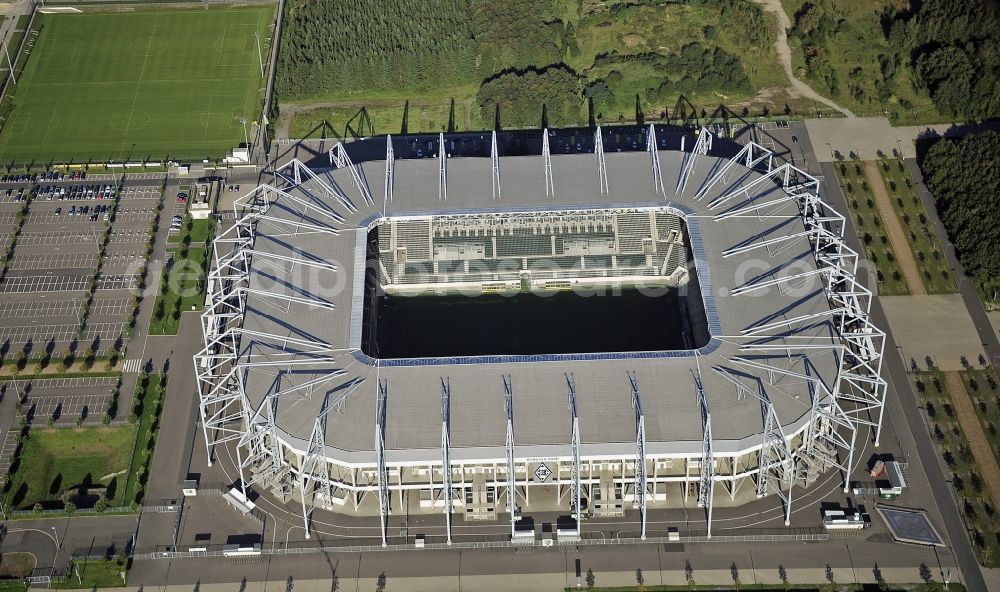 Mönchengladbach from the bird's eye view: Sports facility grounds of the Arena stadium BORUSSIA-PARK in Moenchengladbach in the state North Rhine-Westphalia, Germany