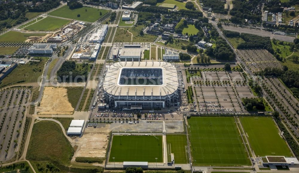 Mönchengladbach from the bird's eye view: Sports facility grounds of the Arena stadium BORUSSIA-PARK in Moenchengladbach in the state North Rhine-Westphalia, Germany