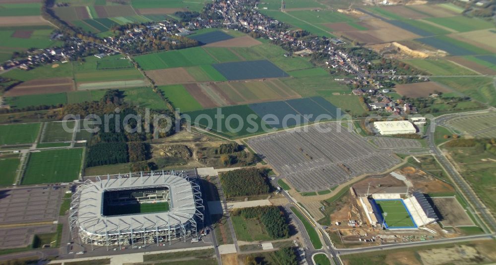 Mönchengladbach from the bird's eye view: Sports facility grounds of the Arena stadium BORUSSIA-PARK in Moenchengladbach in the state North Rhine-Westphalia, Germany