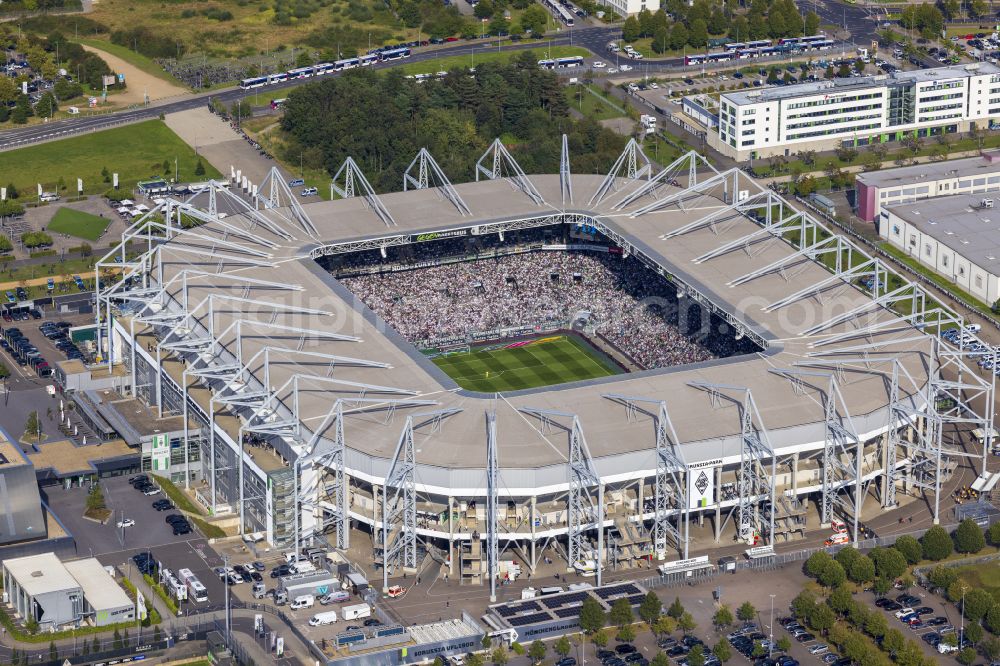 Mönchengladbach from the bird's eye view: Sports facility grounds of the Arena stadium BORUSSIA-PARK in Moenchengladbach in the state North Rhine-Westphalia, Germany