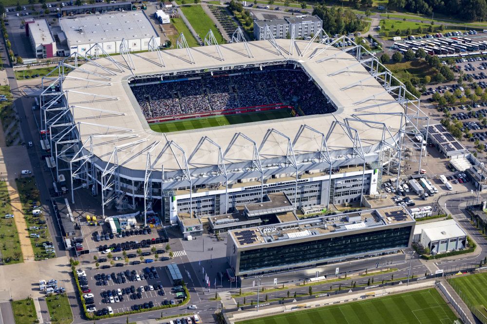 Aerial photograph Mönchengladbach - Sports facility grounds of the Arena stadium BORUSSIA-PARK in Moenchengladbach in the state North Rhine-Westphalia, Germany