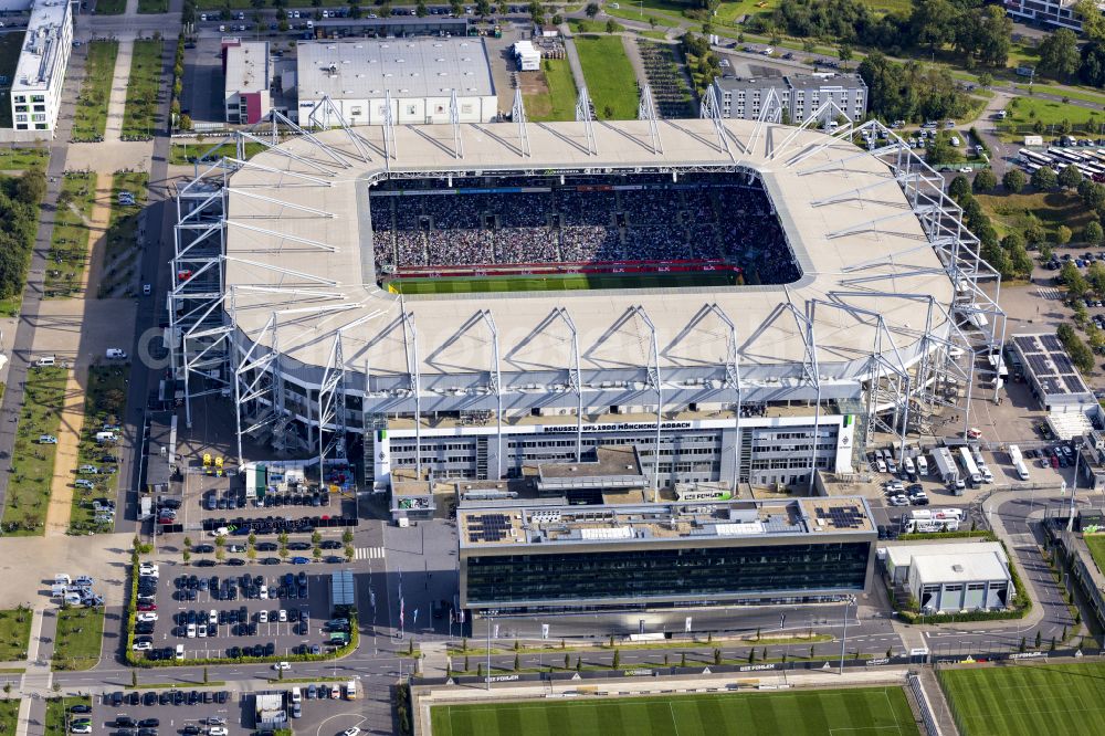 Mönchengladbach from the bird's eye view: Sports facility grounds of the Arena stadium BORUSSIA-PARK in Moenchengladbach in the state North Rhine-Westphalia, Germany