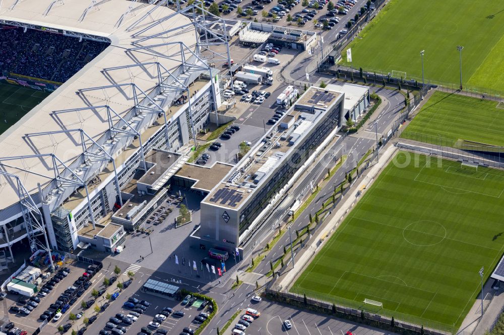 Mönchengladbach from above - Sports facility grounds of the Arena stadium BORUSSIA-PARK in Moenchengladbach in the state North Rhine-Westphalia, Germany