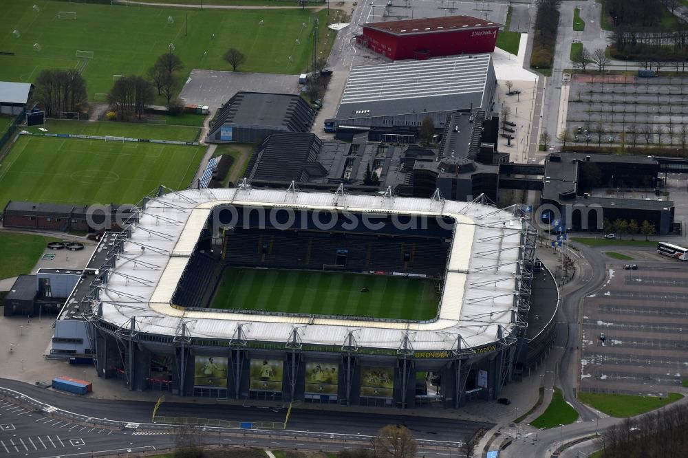 Aerial image Brondby - Sports facility grounds of the Arena stadium Brondby Stadion in Brondby in Region Hovedstaden, Denmark