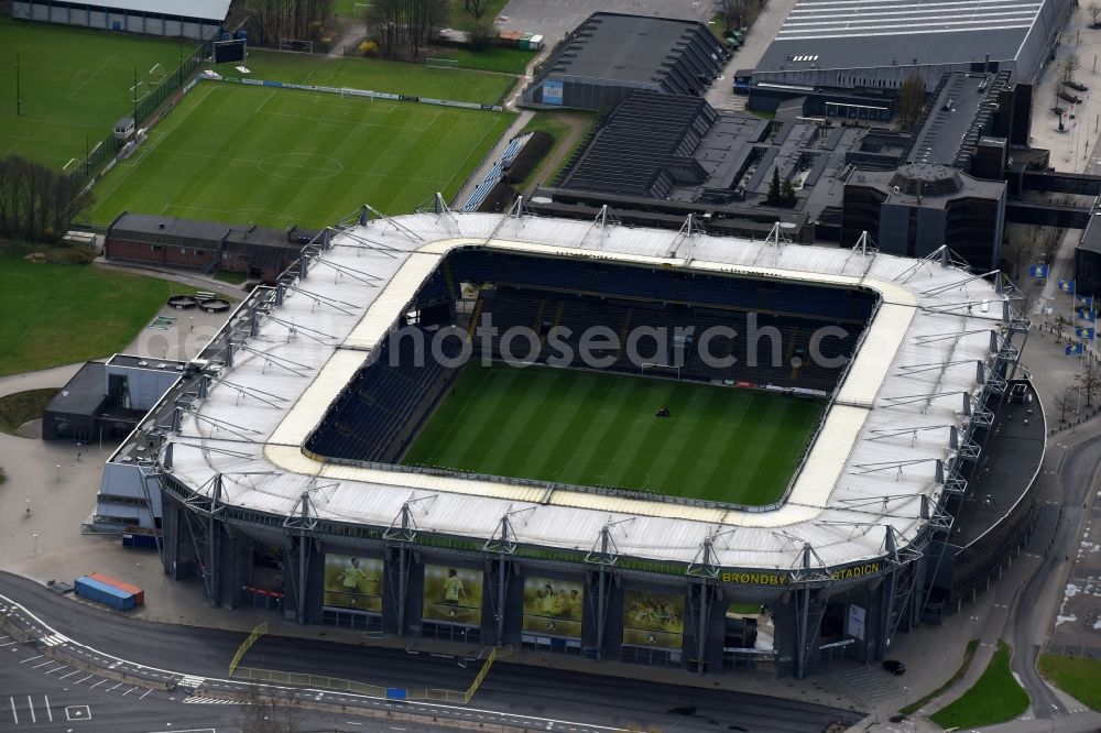 Aerial photograph Brondby - Sports facility grounds of the Arena stadium Brondby Stadion in Brondby in Region Hovedstaden, Denmark