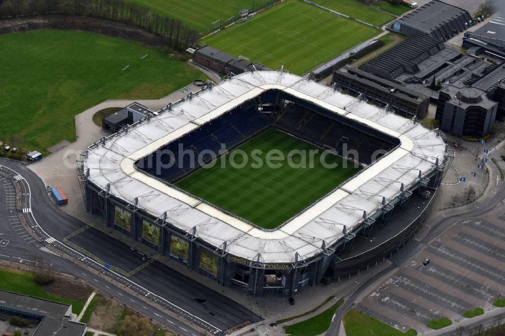 Brondby from above - Sports facility grounds of the Arena stadium Brondby Stadion in Brondby in Region Hovedstaden, Denmark