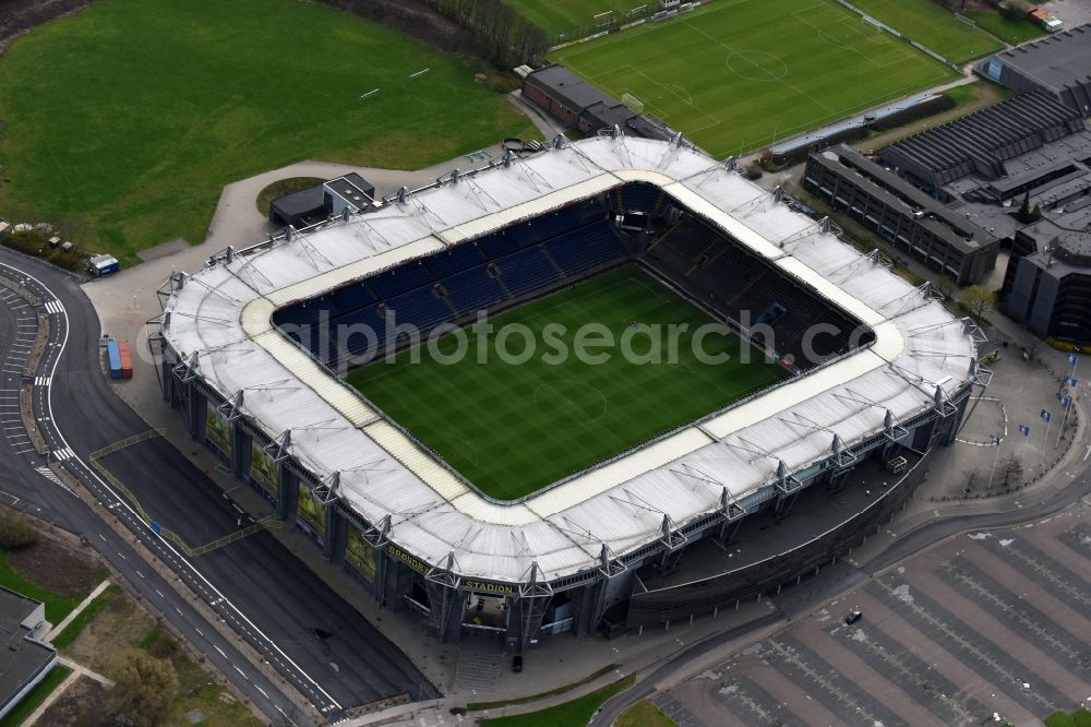 Brondby from the bird's eye view: Sports facility grounds of the Arena stadium Brondby Stadion in Brondby in Region Hovedstaden, Denmark