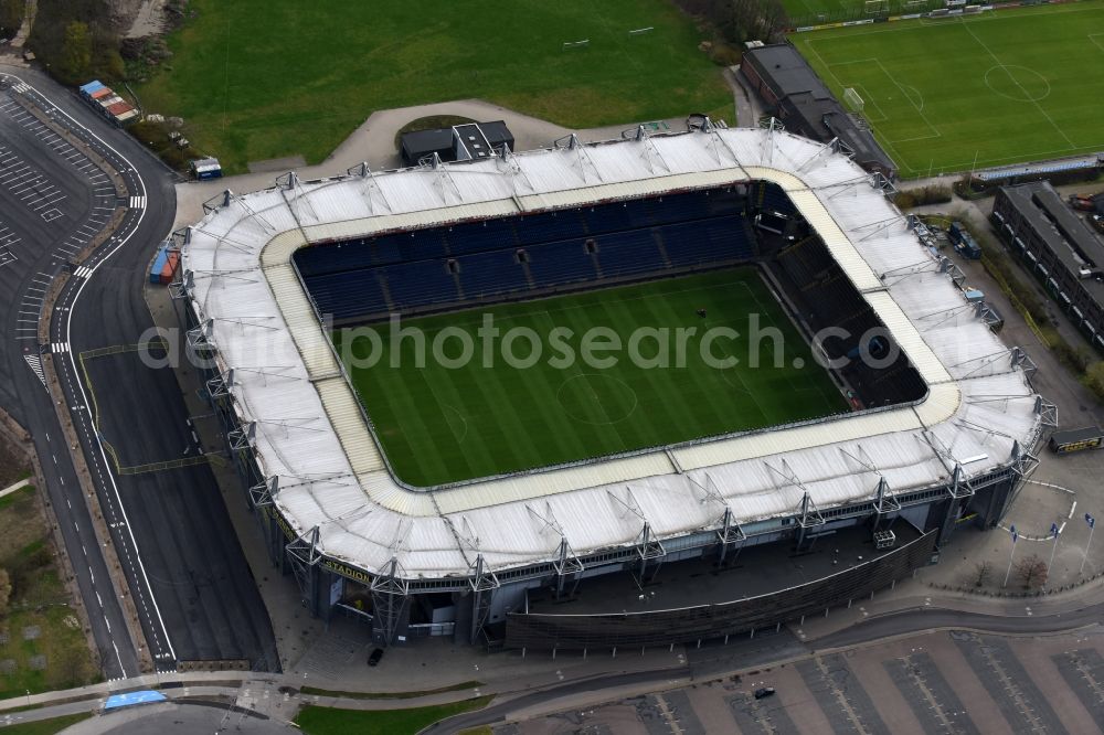 Aerial image Brondby - Sports facility grounds of the Arena stadium Brondby Stadion in Brondby in Region Hovedstaden, Denmark