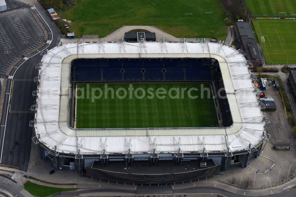 Aerial photograph Brondby - Sports facility grounds of the Arena stadium Brondby Stadion in Brondby in Region Hovedstaden, Denmark