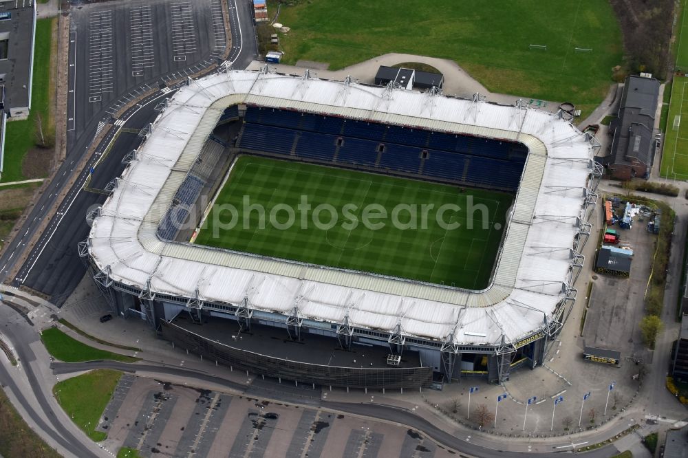 Brondby from above - Sports facility grounds of the Arena stadium Brondby Stadion in Brondby in Region Hovedstaden, Denmark