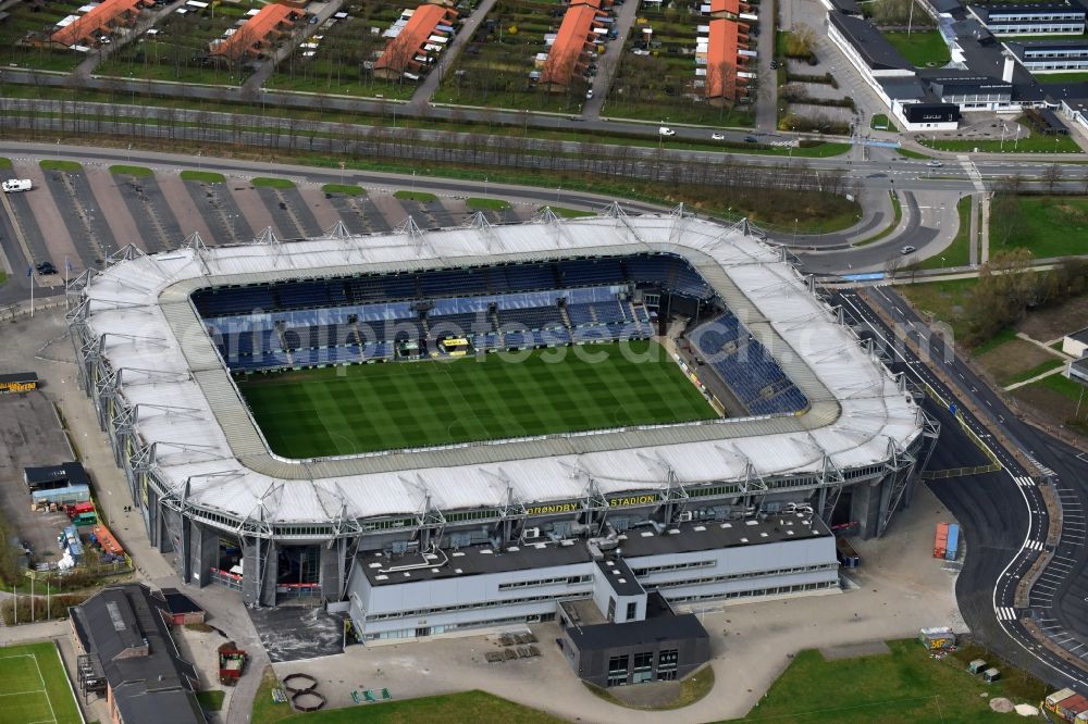 Brondby from the bird's eye view: Sports facility grounds of the Arena stadium Brondby Stadion in Brondby in Region Hovedstaden, Denmark