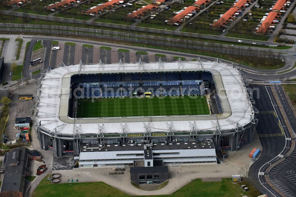 Aerial image Brondby - Sports facility grounds of the Arena stadium Brondby Stadion in Brondby in Region Hovedstaden, Denmark