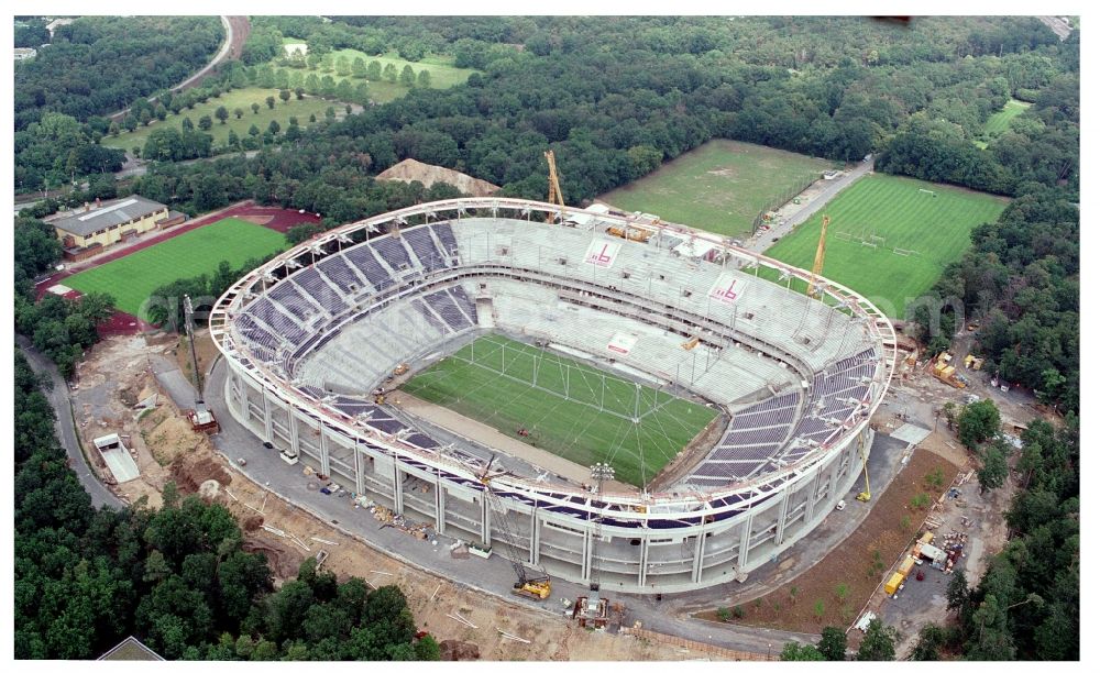 Frankfurt am Main from above - Constrution site of sports facility grounds of the Arena stadium Commerzbank-Arena in the district Sachsenhausen in Frankfurt in the state Hesse, Germany