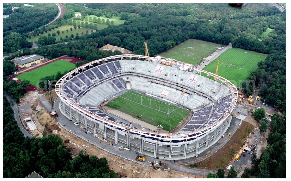 Frankfurt am Main from above - Constrution site of sports facility grounds of the Arena stadium Commerzbank-Arena in the district Sachsenhausen in Frankfurt in the state Hesse, Germany