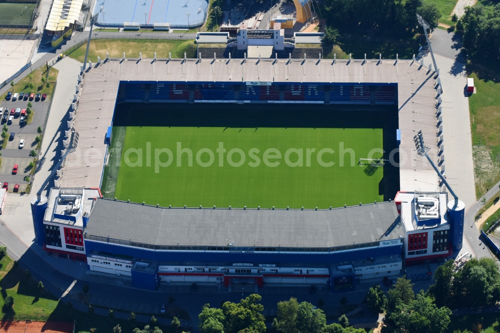 Pilsen from above - Sports facility grounds of the Arena stadium Doosan Arena on Struncovy sady in Pilsen in , Czech Republic