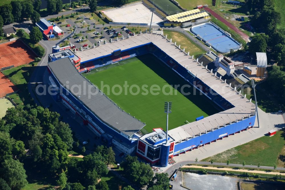 Pilsen from the bird's eye view: Sports facility grounds of the Arena stadium Doosan Arena on Struncovy sady in Pilsen in , Czech Republic