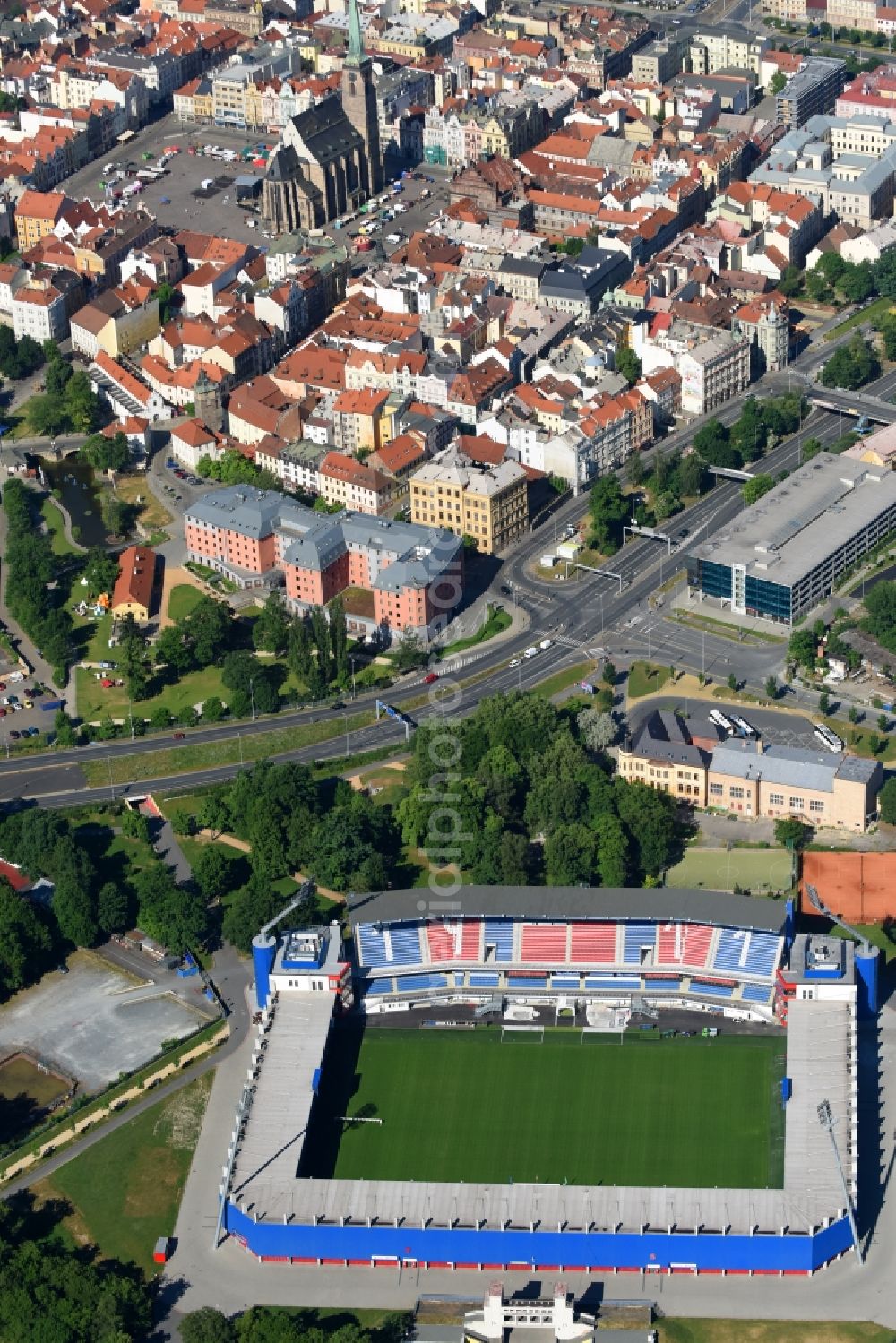 Aerial image Pilsen - Sports facility grounds of the Arena stadium Doosan Arena on Struncovy sady in Pilsen in , Czech Republic