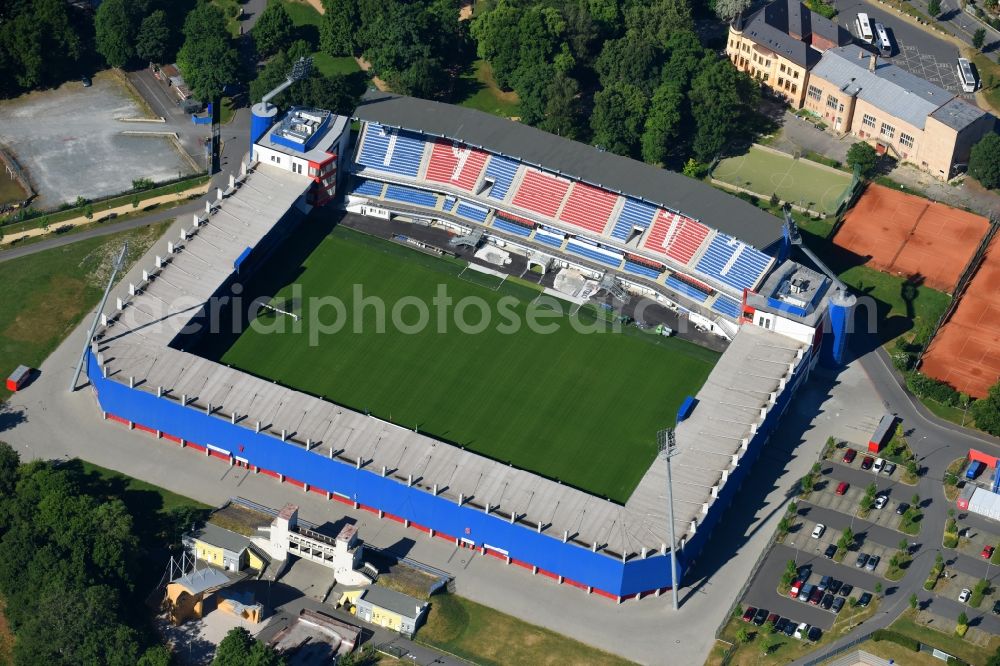 Pilsen from above - Sports facility grounds of the Arena stadium Doosan Arena on Struncovy sady in Pilsen in , Czech Republic