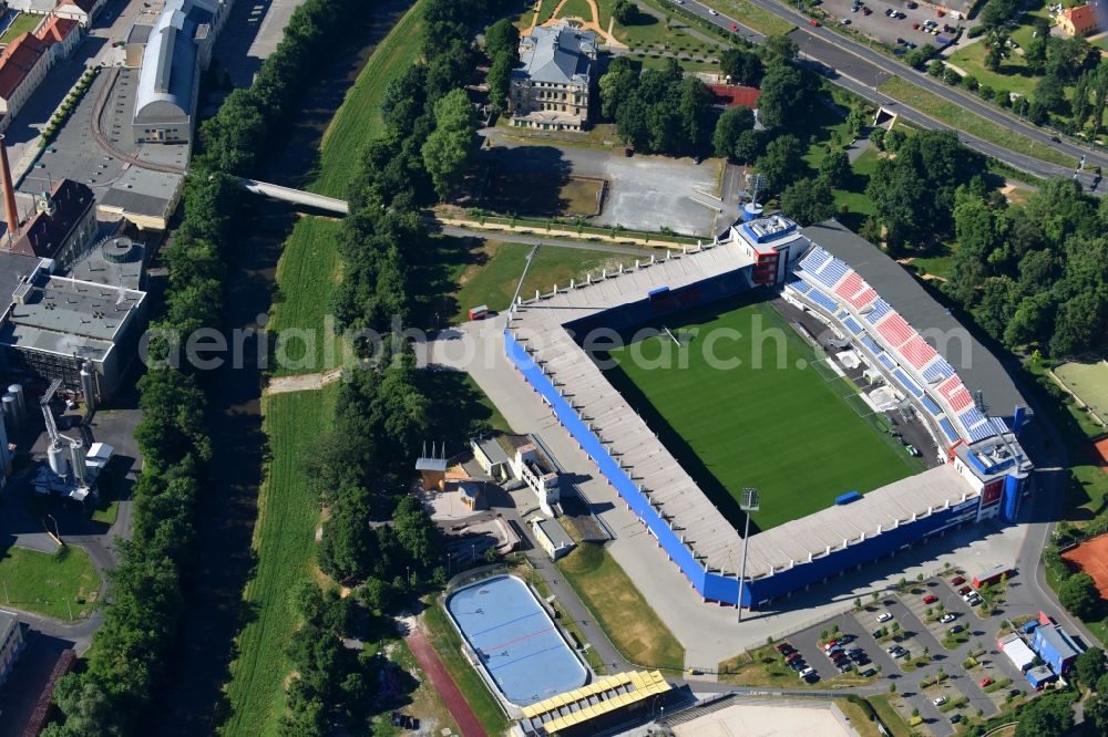 Pilsen from the bird's eye view: Sports facility grounds of the Arena stadium Doosan Arena on Struncovy sady in Pilsen in , Czech Republic