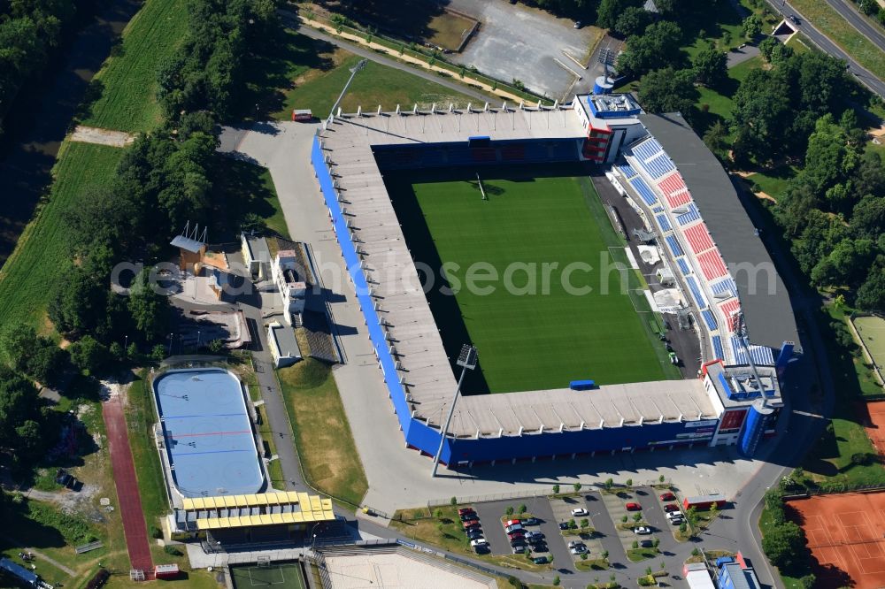 Aerial image Pilsen - Sports facility grounds of the Arena stadium Doosan Arena on Struncovy sady in Pilsen in , Czech Republic