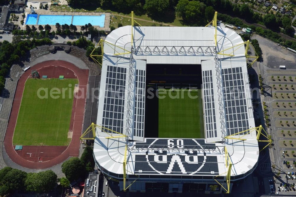 Dortmund from above - Sports facility grounds of the Arena stadium in Dortmund in the state North Rhine-Westphalia