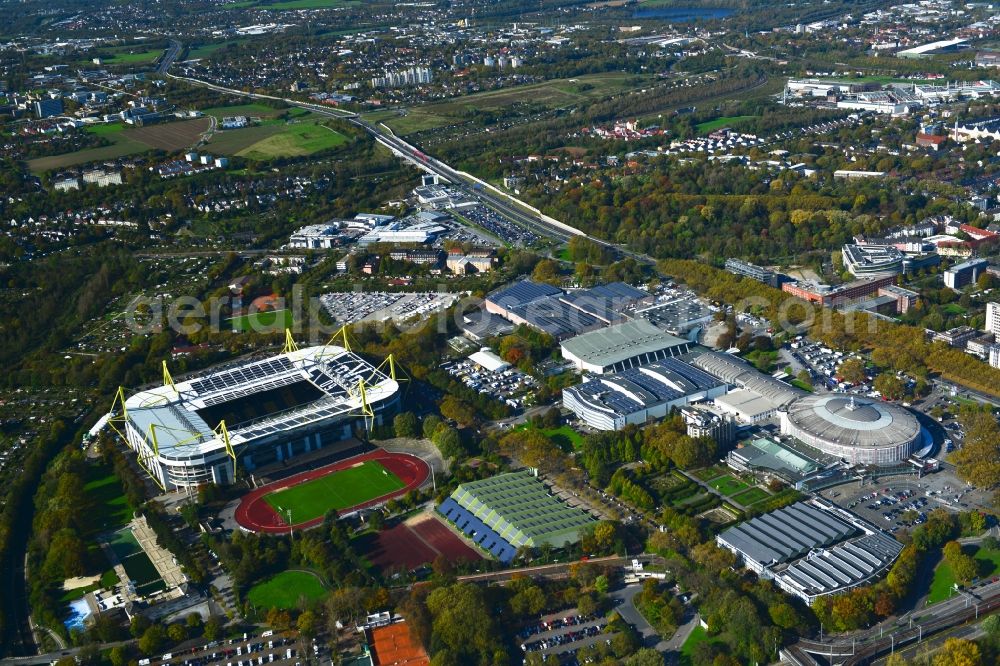 Dortmund from the bird's eye view: Sports facility grounds of the Arena stadium in Dortmund in the state North Rhine-Westphalia